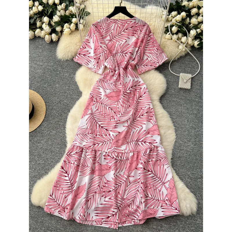 Boho women summer floral print v neck slim bandage long dress casual party high waist INS elegant beach holiday tunic dress