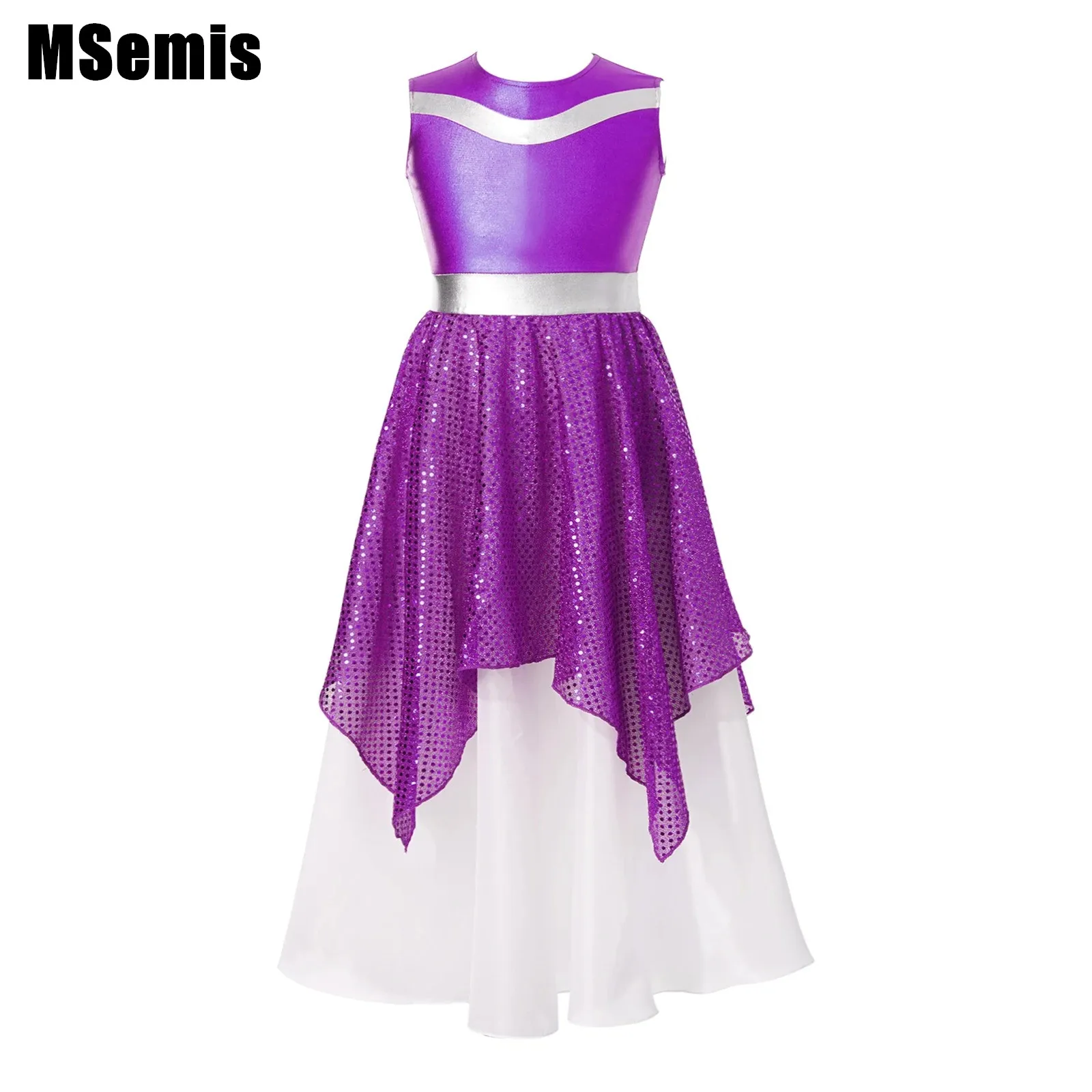 

Kids Girls Praise Lyrical Dress Sleeveless Metallic Bodice Dance Dress Shiny Sequin Dot Swing Hem Worship Long Gown Dancewear