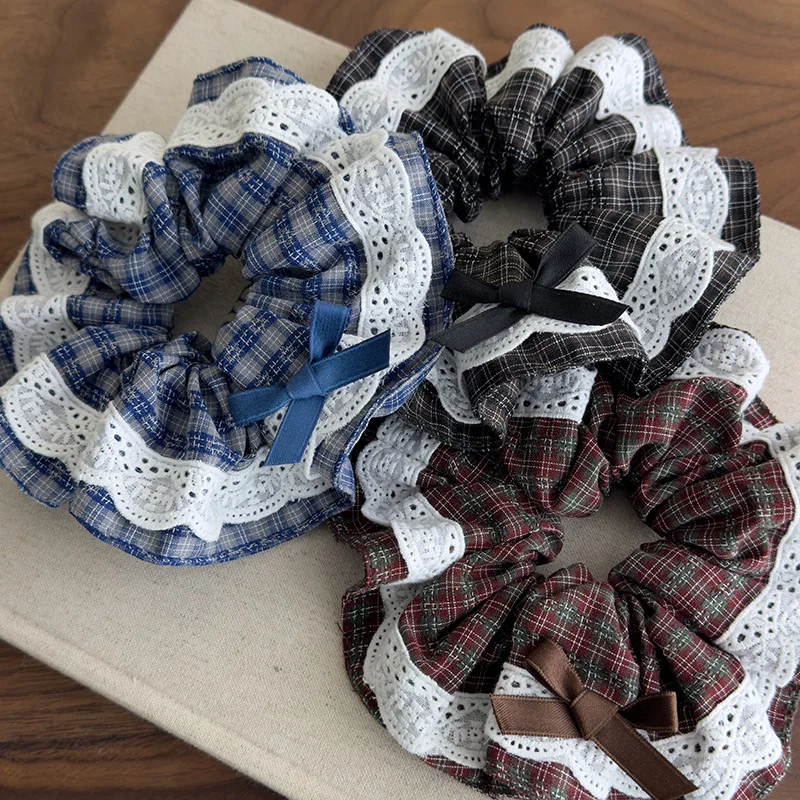

Retro Plaid Check Lace Hair Scrunchies Headbands for Womens Girls Sweet Hair Rope Tie Ponytail Rubber Band Fashion Accessories