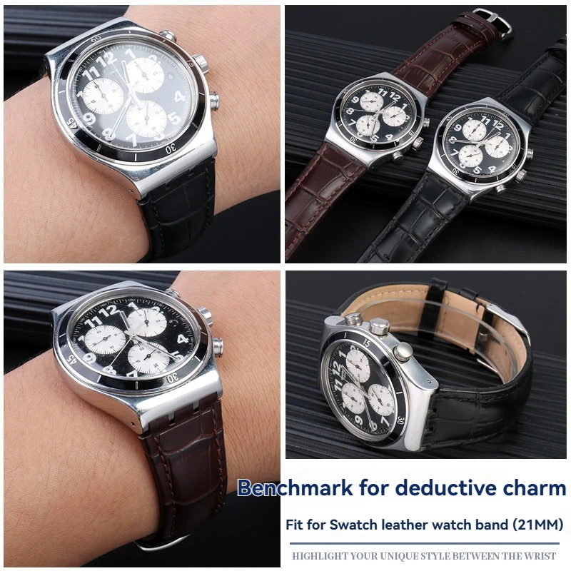 حزام ساعة من جلد البقر الأصلي 21 ملم لسلسلة سواتش YVS451 YVS420 YVS435، حزام بديل بواجهة مقعرة ومحدبة للرجال