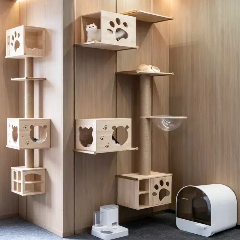 Natural Solid Wood Cat Climbing Eco Material Multi-Functional Easy Install Space Saving Modern Cat Organizer Cat Wall