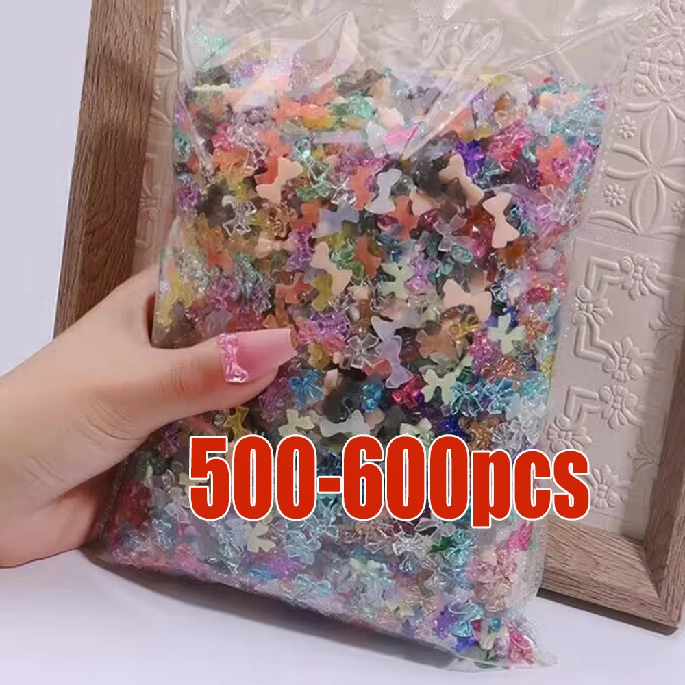 500-600Pcs 3D Colorful Ribbon Bowknot Nail Charm Ice-Transparent  Resin Bow Nail Art Decoration Bulk Multi-Shapes Manicure Bow