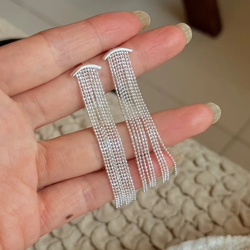 

Длинные серьги с бахромой из стерлингового серебра 925 пробы для женщин, минималистичные висячие серьги-гвоздики, модные универсальные элегантные жемчужные бусины