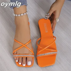 2023 Large Flat Bottom Slippers Summer New Square Headed Hollow Cross Band Candy Color Rhinestone Beach Shoes