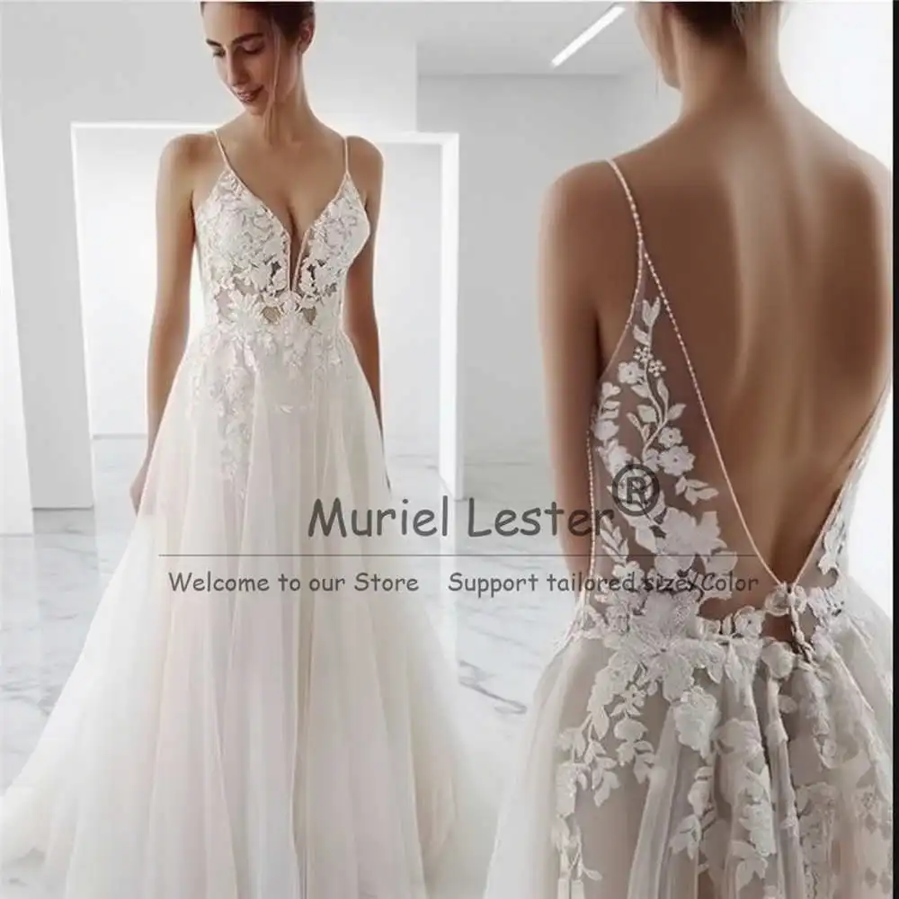 

Elegant Lace Appliques Illusion Beach Wedding Dresses For Bride Customized Spaghetti Straps Backless Beaded V Neck Bridal Gowns