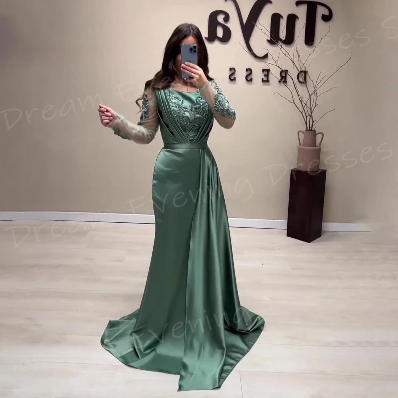 Fascinating Green Mermaid Beautiful Women's Evening Dresses Long Sleeve Appliques Prom Gowns Formal Occasion فساتين سعيد شارون