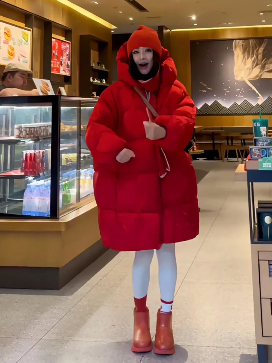 

Red New Year Women's Duck down Jacket 90% White Duck Feather Hooded Mid-Length Warm Bread Style Coat Korean Style Commute