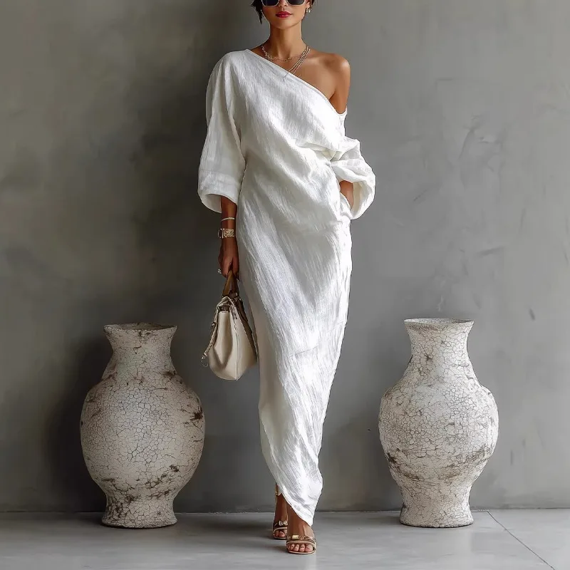 Vestido Largo de Lino para Mujer, de un Solo Hombro, Blanco, Asimétrico, con Mangas Murciélago, Tela Texturizada y Bolsillos Laterales
