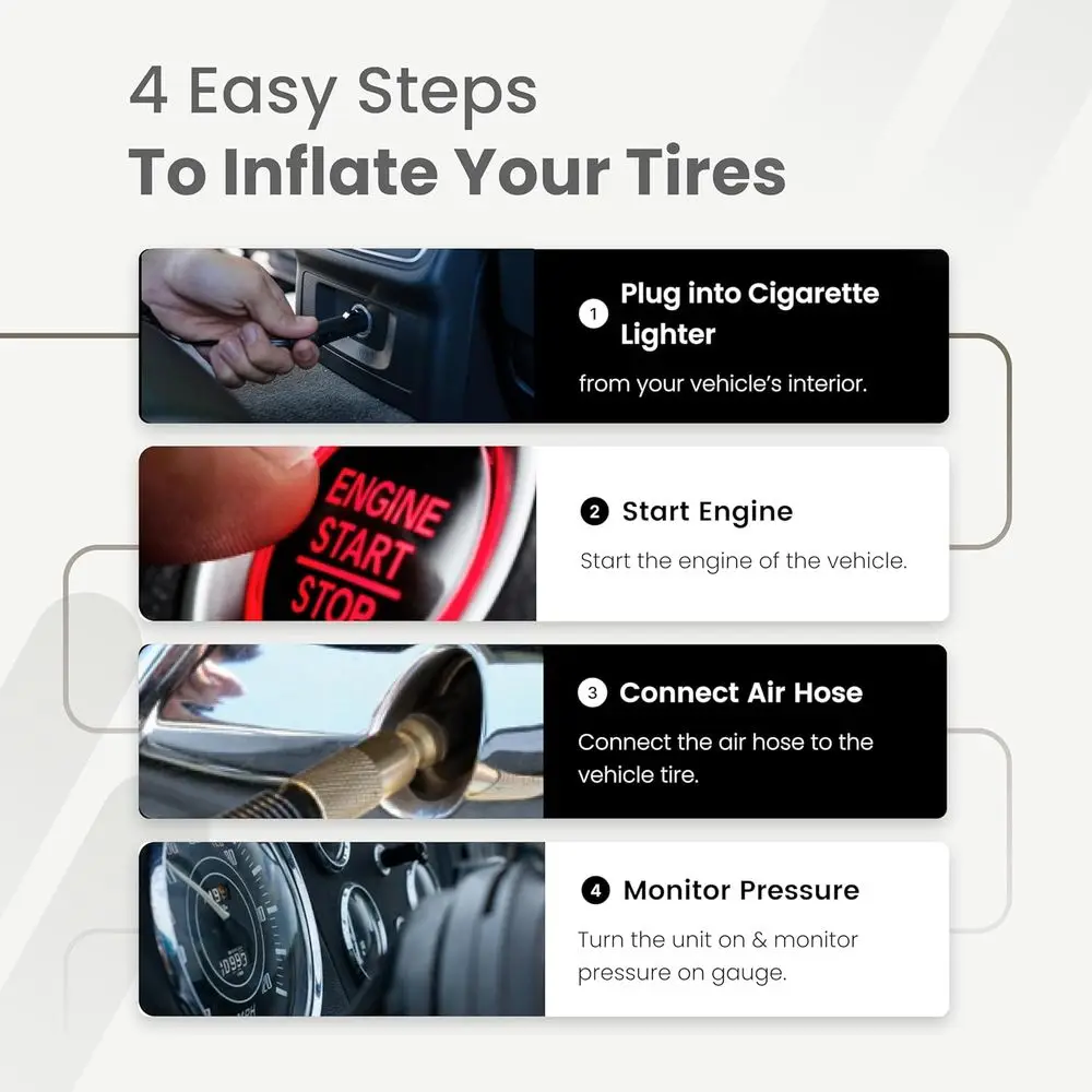 자동차, 트럭 및 SUV용 휴대용 12V 고성능 에어 컴프레서, 60 PSI, 시가잭 및 트위스트 척 포함