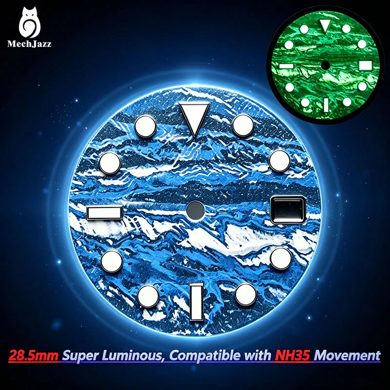 MechJazz 28.5mm UV Printed Watch Dial, Super Green Luminous, Date Window, Fits NH35, NH36 Movement, Watch Modification Parts