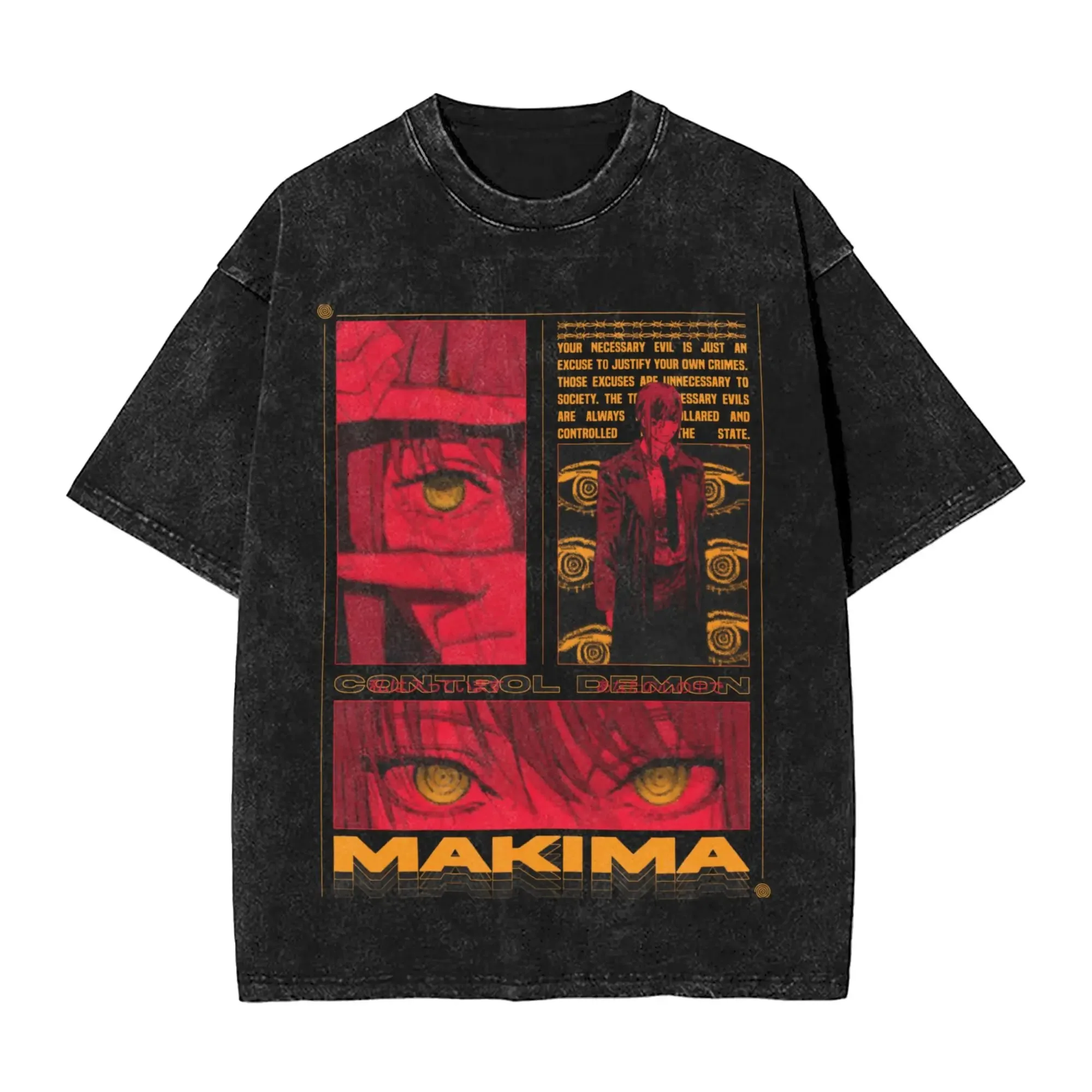 2026 New Makima Chainsaw Man Quality T-Shirt Men and Women Cotton Vintage Washed Print Retro Streetwear Sports Fitness Tops