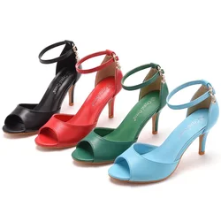 Women Sandals Ladies Elegant Pumps Open Toe Party Solid Silk 7.5CM Thin Heels Peep Toe Casual Strap Woman Shoes Dress White