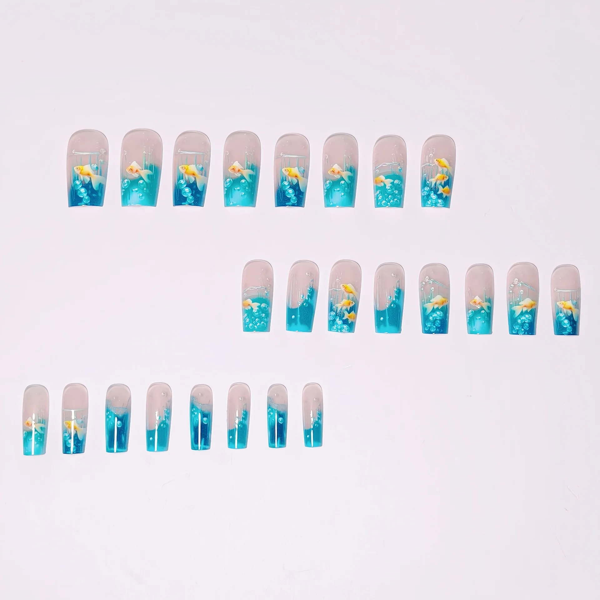 Medium long Square fake nails for women Summer blue water fish in yellow red colors full cover press on acrylic false nail art - view 5