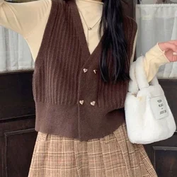 Winter Button Knitted Top for Women Brown V-neck Ladies Sweaters Vest Warm Thermal Blouse Tall Tops Crochet Trend 2024 Jersey