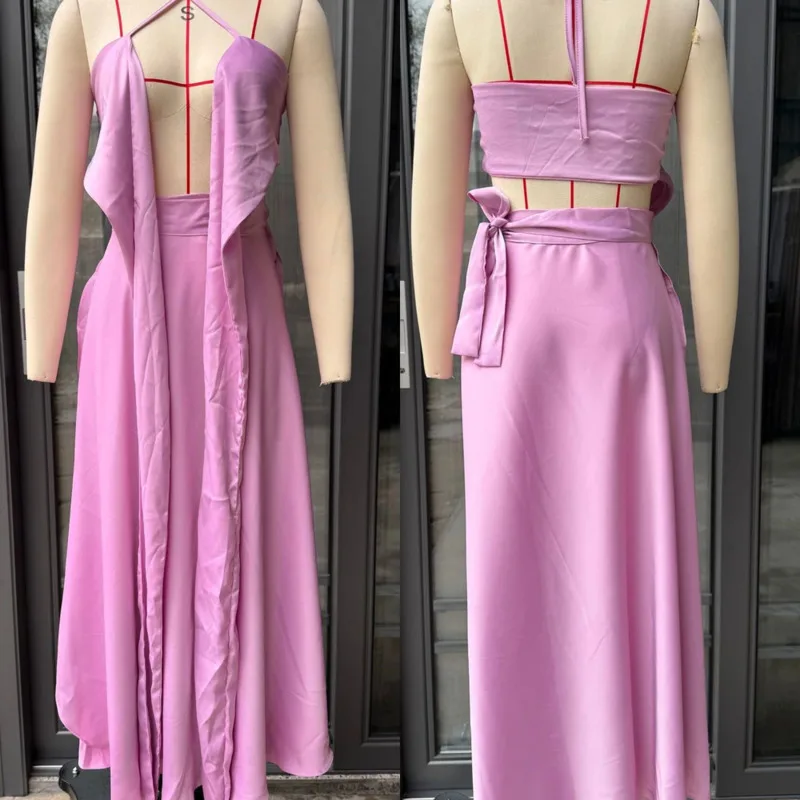 

Summer New Solid Color Strapless Fitted Top Fashion High Waisted A-Line Skirt 2 Piece Set Sexy Women Beach Vacation Matching Set