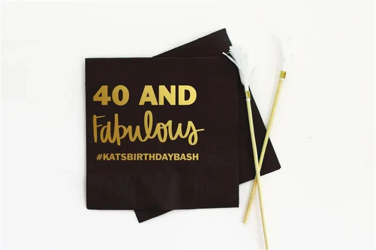 

50 PCS 40th Birthday Napkins Personalized Napkins 40 and Fabulous Beverage Napkins Custom Black Gold Cocktail Napkins 40th Birth