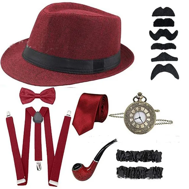 Der Große Gatsby Cosplay Kostüm 1920s Mens Gangster Zubehör Set - Fedora Hut Newsboy Hosenträger Armbinden Gebunden Bowtie