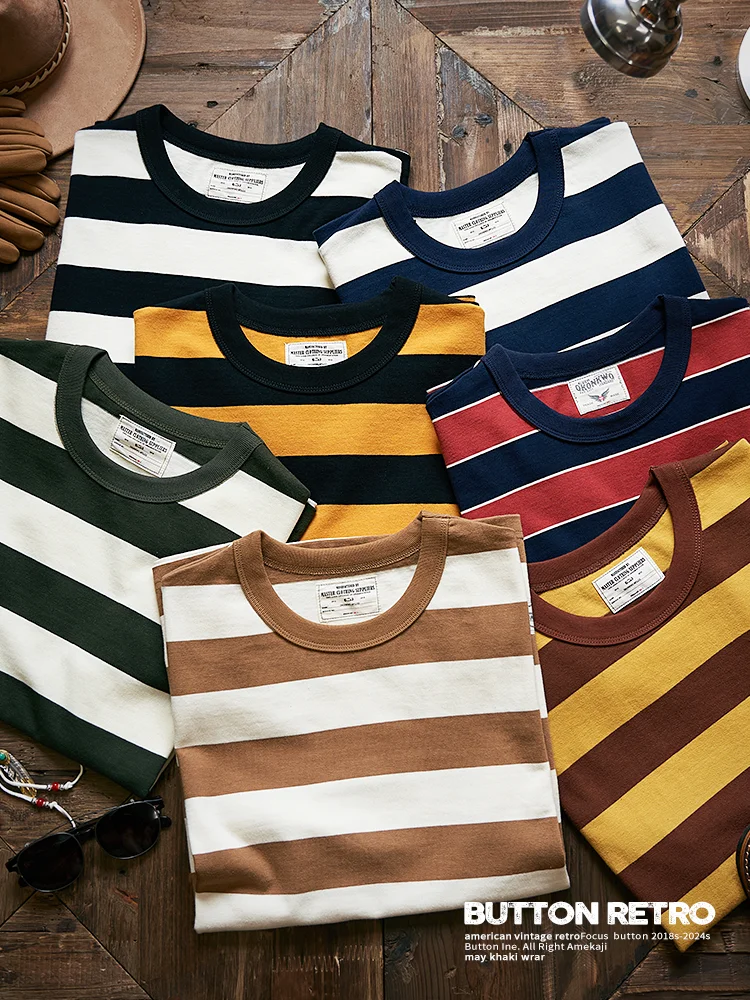 Summer New American Retro Heavyweight Stripe Short-sleeved T-shirt Men\'s Fashion Simple 100% Cotton Washed Casual Sport Tops