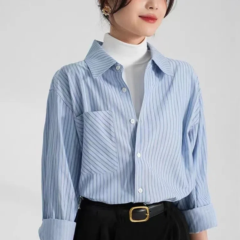 Cotton Shirt Women's 2024 Spring and Autumn New Design Sense Niche Western-style Blue Loose Shirt Slimming Top