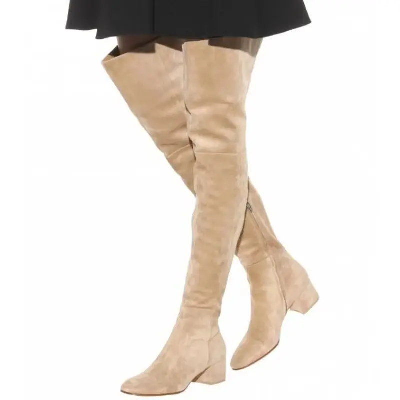 Plus Size 46 Suede Women Over The Knee Boots Low Block Heels Round Toe Side Zipper Stretch Fabric Tall Boots For Winter