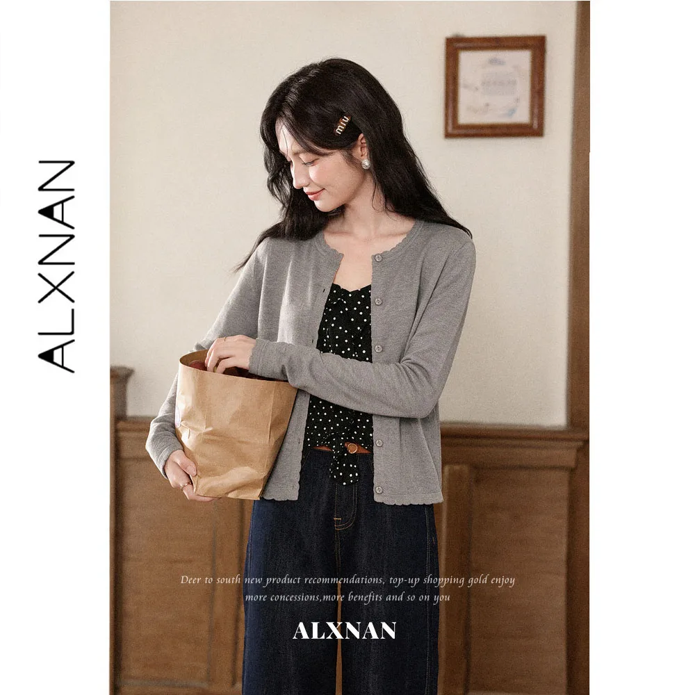 ALXNAN Light Grey Knit Cardigan Women 2026 Autumn Single Breasted Round Neck Wavy Ruffle Design Elegant Sweaters Ladies L677177A