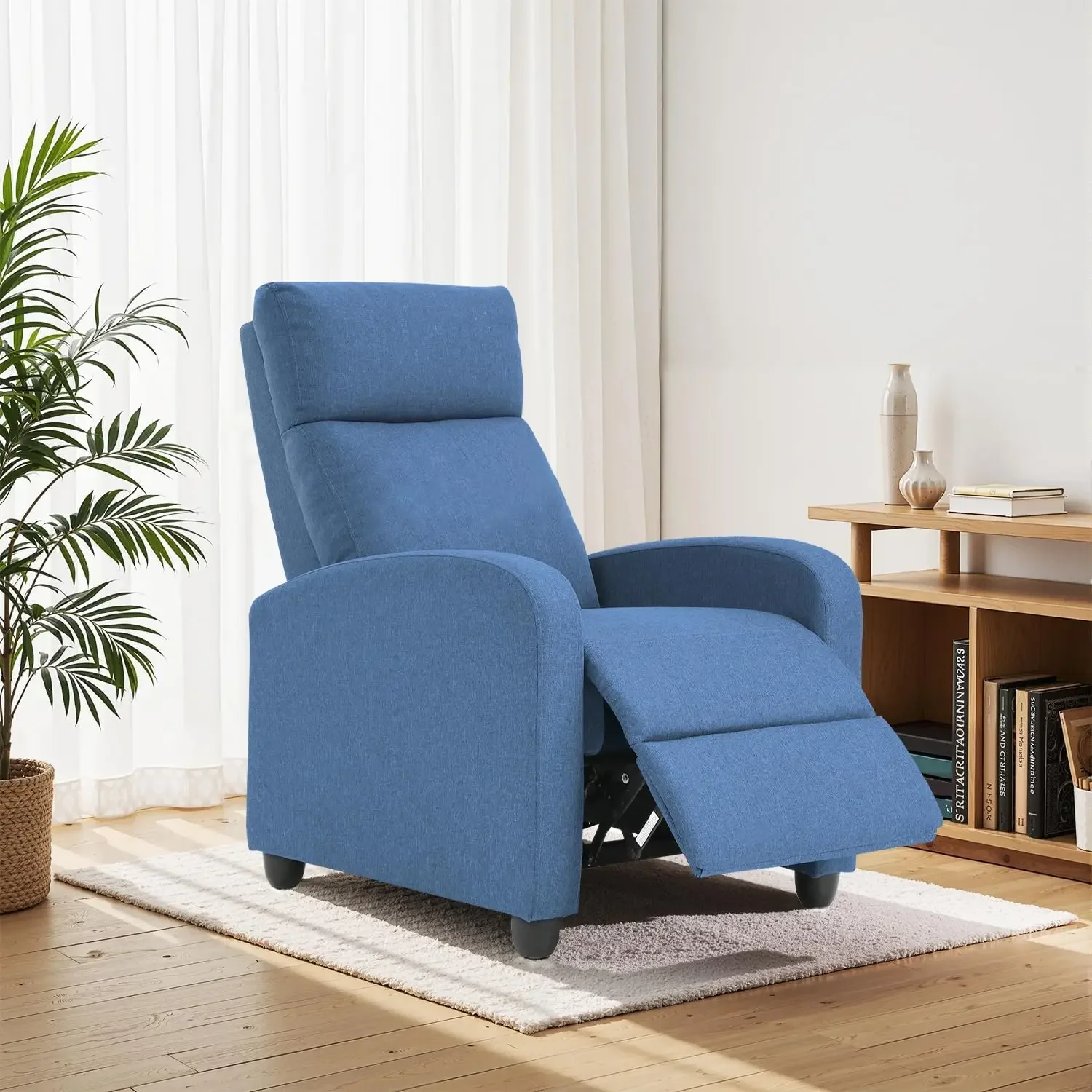Blue Fabric Reclining Single Sofa Chair Massage Lumbar Support Padded Backrest Home Theater Seating Living Room Bedroom