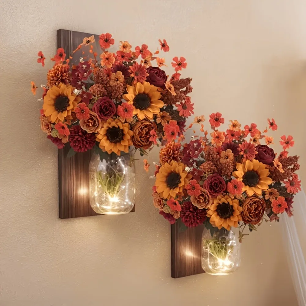 35 cm Künstlicher Seidenblumenstrauß, Sonnenblume, Gänseblümchen, Kunstblumen-Arrangement für Thanksgiving-Dekoration, Herbstdekoration für Zuhause und Hochzeit im Freien – Detail 4