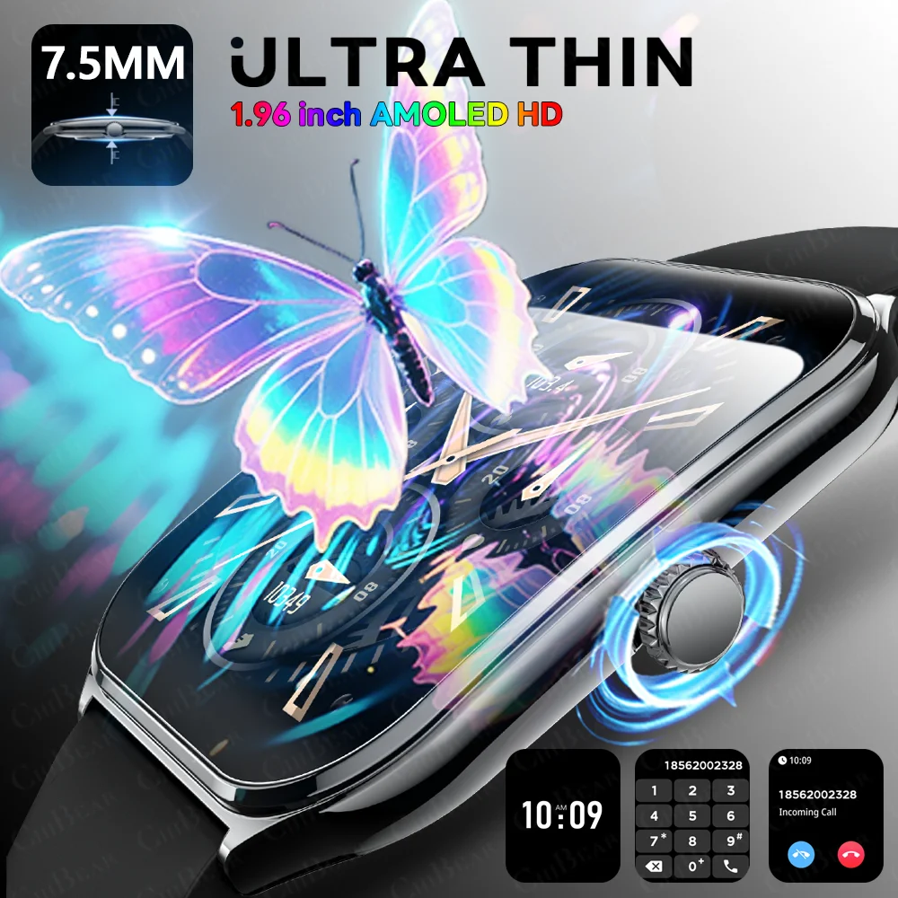 2025 Nuovo 7.5MM Ultra Sottile Astuto Della Vigilanza Degli Uomini 1.96 "Schermo AMOLED Always Show Time Frequenza Cardiaca Sport Impermeabile BT Chiamata Smartwatch
