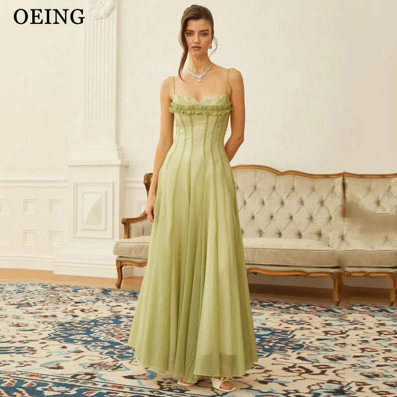 

OEING Simple A-Line Prom Dresses Spaghetti Strap Ruched Ruffle Ankle Length Party Dresses robes de soirée Customized