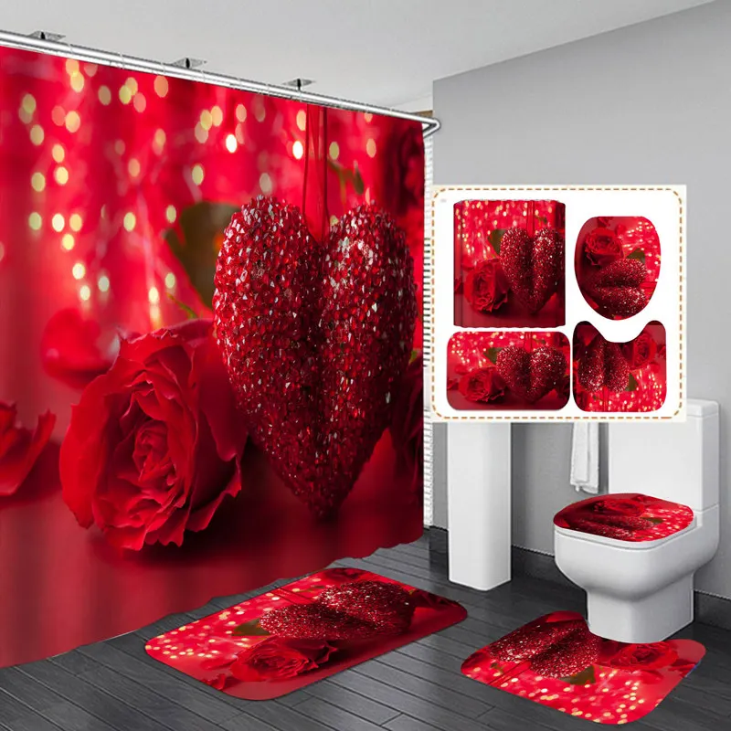 3D Print Flowers Bath Curtain Waterproof Fabric Romantic Red Rose Shower Curtain Love Heart for Valentine\'s Day Bathroom Decor