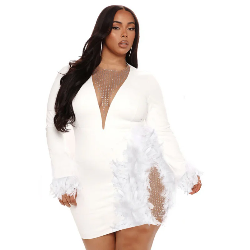 Plus Size Women Sexy Dresses Long Sleeve V-Neck Gauze Feather Tight Nightclub Party Dresses Fashion Elegant Lady Evening Dress