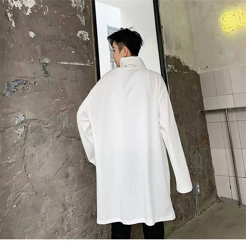 

Футболка в американском и мужском стиле, весенне-осенняя, в европейском стиле, с высоким воротником, свободная повседневная футболка с низом, мужская модная футболка в стиле хип-хоп с воротником