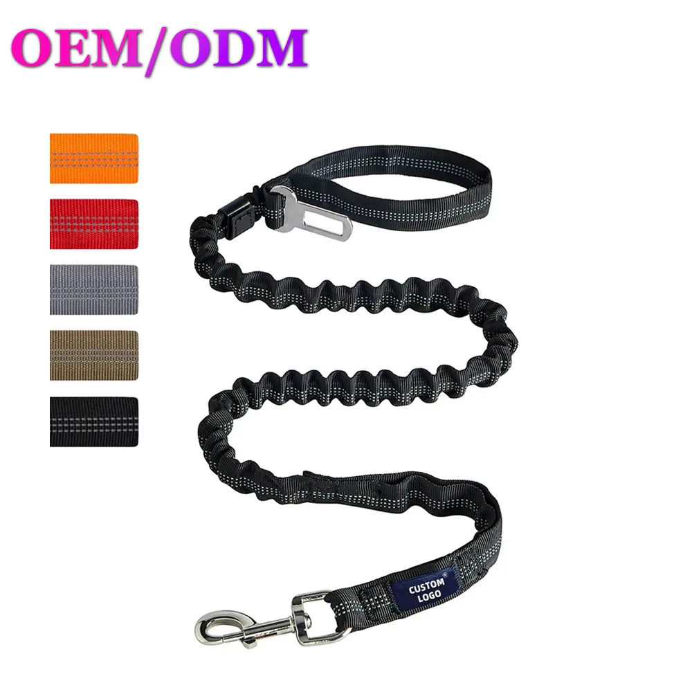 Reflective Heavy Duty Stainless Steel Nylon Rope Dog Leash Double-Padded Handles Car Seat Belt Bungee No Pull
