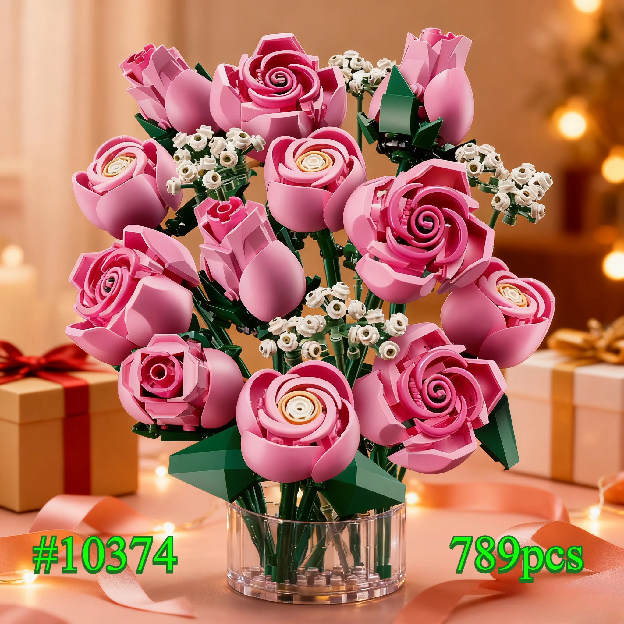 MINISO Gestover Rose Bouquet 10374 Ensembles de blocs de construction adaptés aux cadeaux de Noël compatibles avec les particules Legoed, 789 pièces.