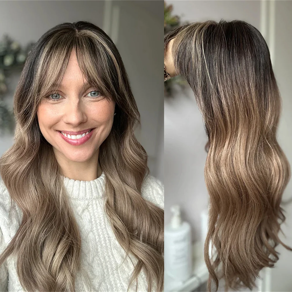 

Синтетические парики с кружевной передней частью для женщин, длинные, волнистые, с челкой, омбре, коричневые, предварительно прорезанные, готовые к ношению, без клея, с челкой-гриммейс.