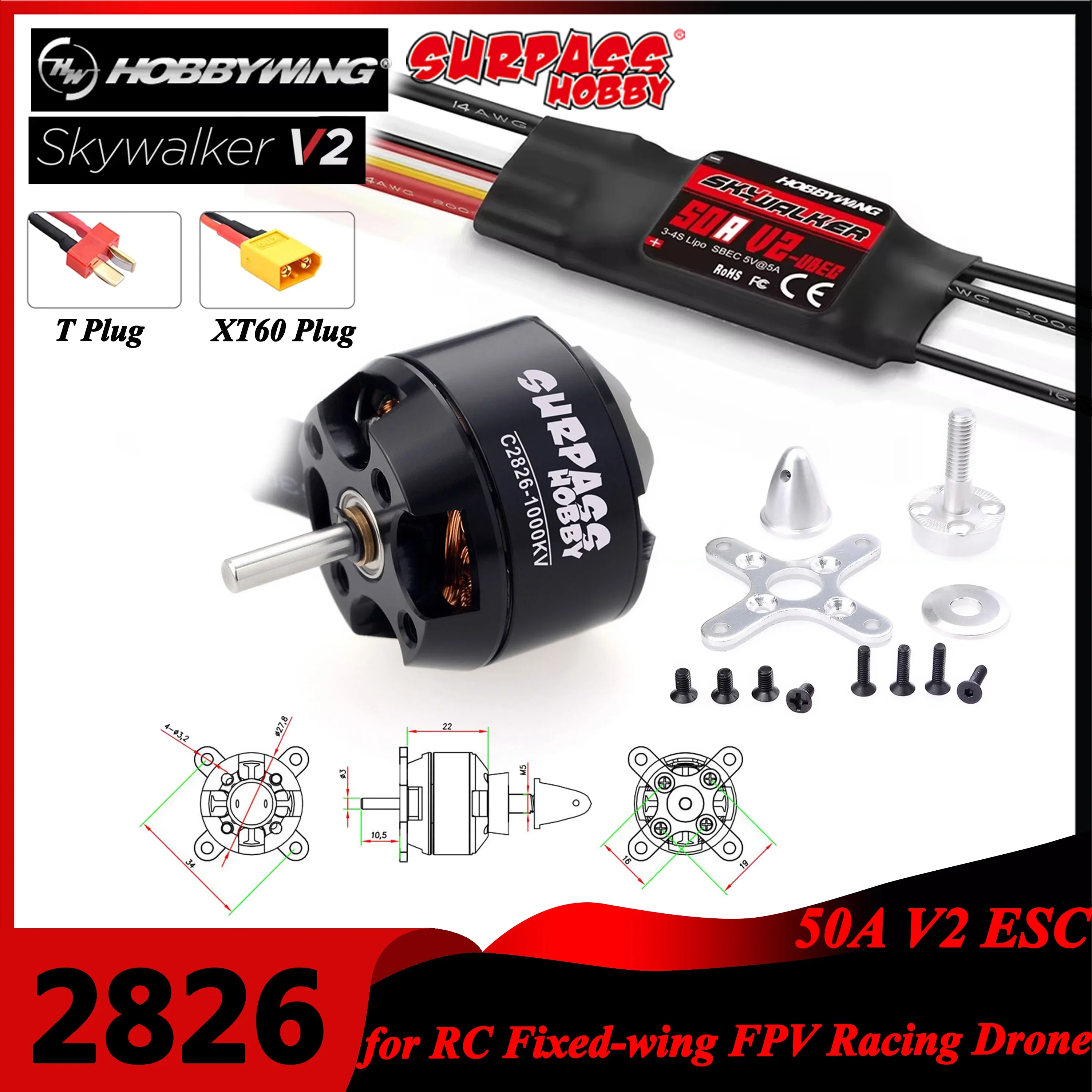 

Surpass Hobby 2826 1000KV 1350KV 1900KV Brushless Motor with Hobbywing 50A V2 ESC for FPV Drones RC 100g-350g Fixed-wing Plane