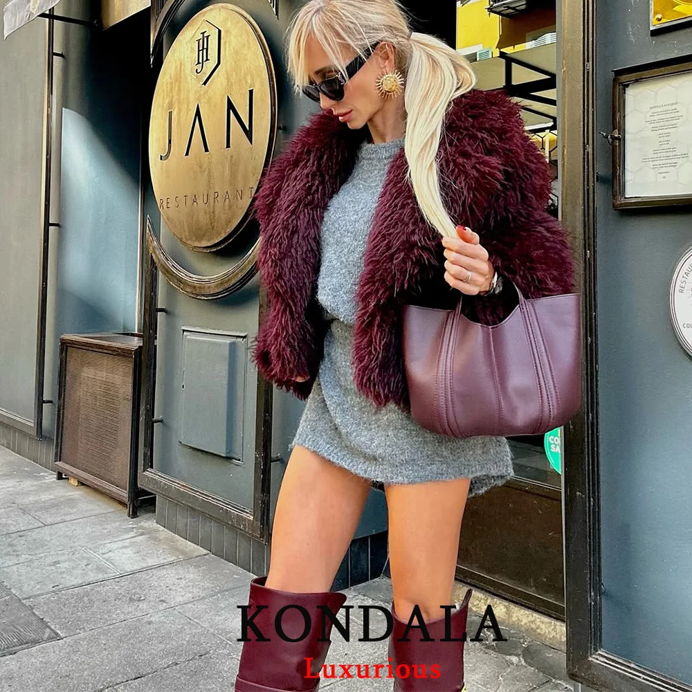 KONDALA سترات نسائية أنيقة غير رسمية باللون الأحمر البوردو بأكمام طويلة معاطف قصيرة وسميكة وناعمة موضة خريف وشتاء 2025 ملابس خارجية #2