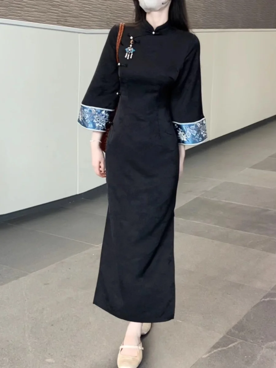 

Ele Bla Embroidered Svel Dr Women's Retro Sle Long Qipao Dr Polyester Fiber Daily Wear