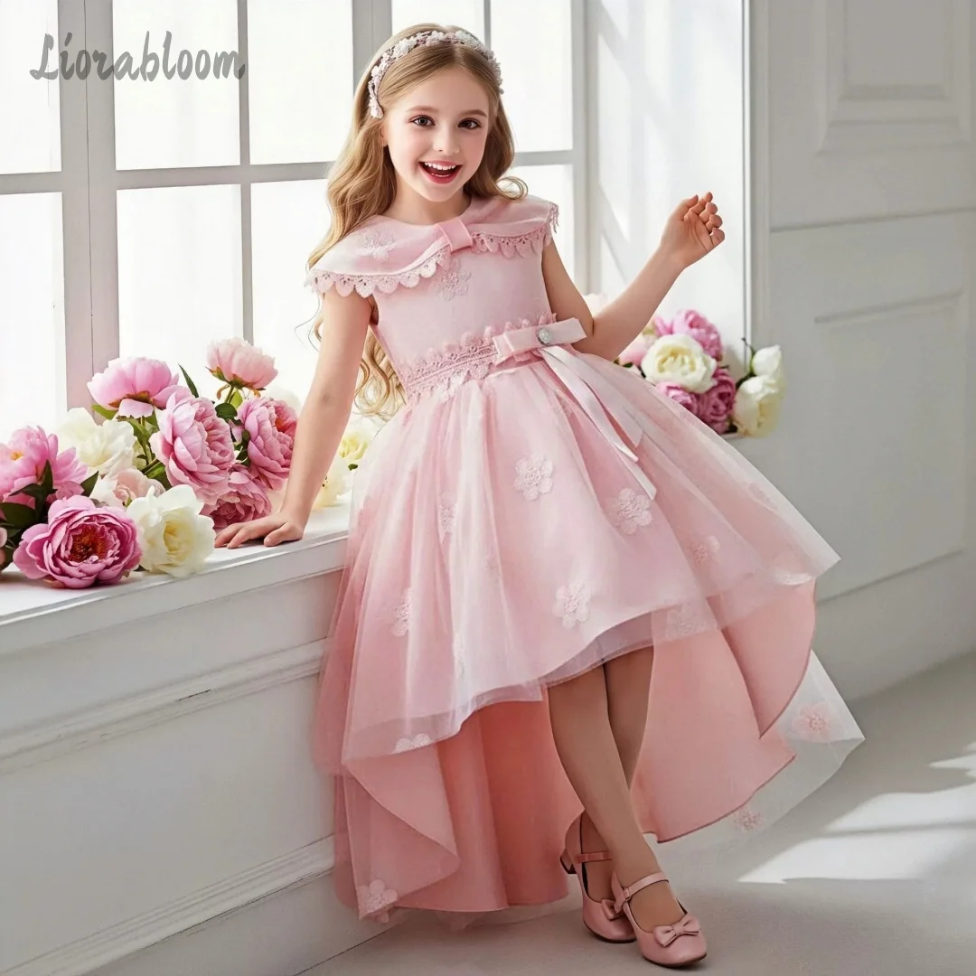 

Girls' Formal Pink Gown with Long Train Asymmetrical Evening Dress Flower Girl Dress Party Wear Lace Wedding Dress