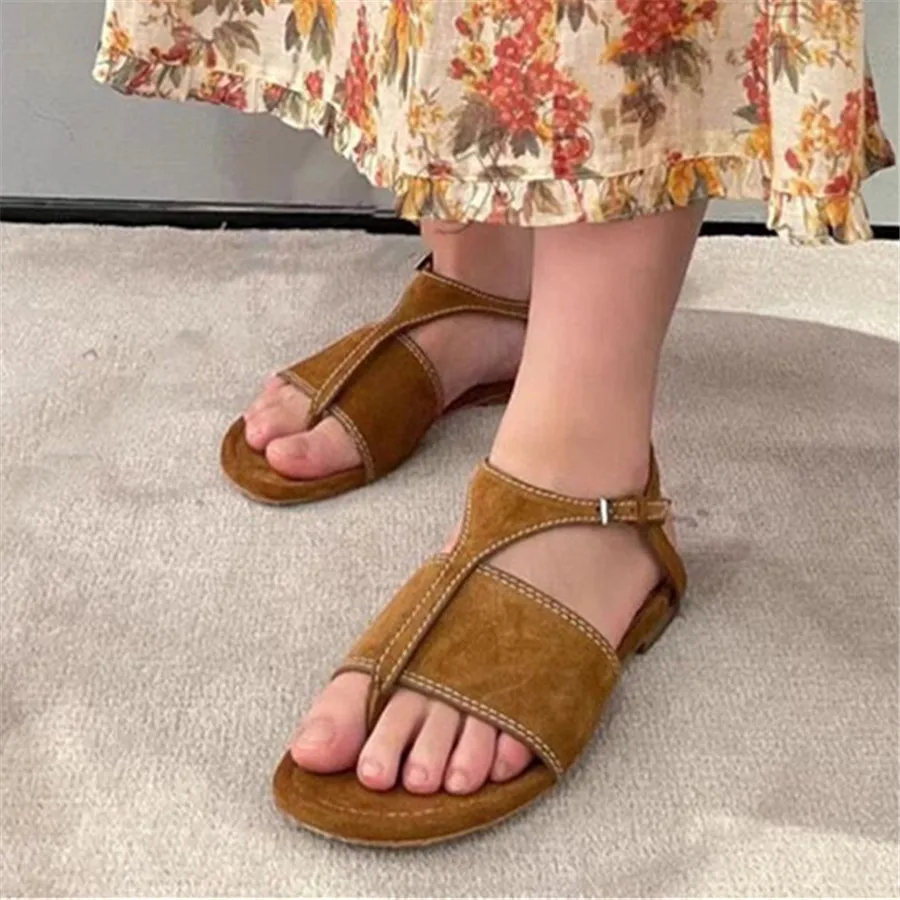 

Женские сандалии-гладиаторы в стиле ретро, летние каникулы, пляжная обувь, женские сандалии на плоской подошве с Т-образным ремешком, Mujer, повседневные мягкие шлепанцы на плоской подошве