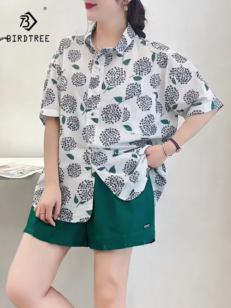 

New 2026 Summer Women Cotton Short Sleeve Shirt, Turn-down Collar Print, Mori Girl Fashion Commute Thin Loose Blouse T64523CC