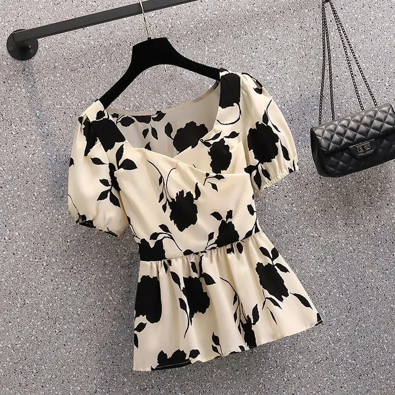 Vintage Printed V-neck Short Sleeved Chiffon Shirt Casual Bell-bottoms Two-piece Elegant Women's Pants Suit Summer Outfits