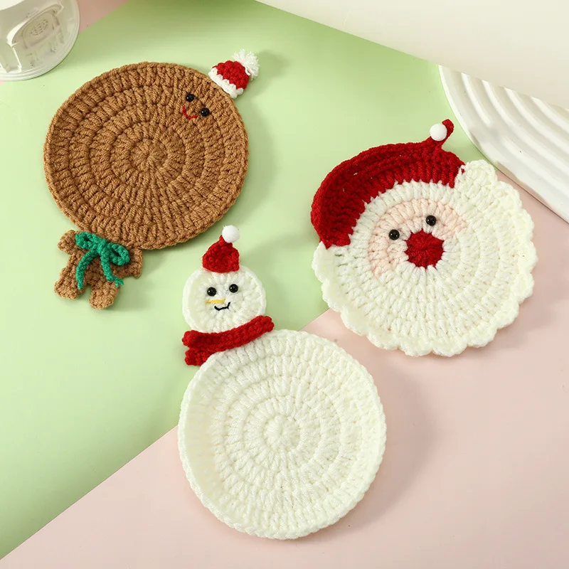 3pcs Cute style Christmas coaster crochet insulation pad yarn crochet Santa Claus coaster
