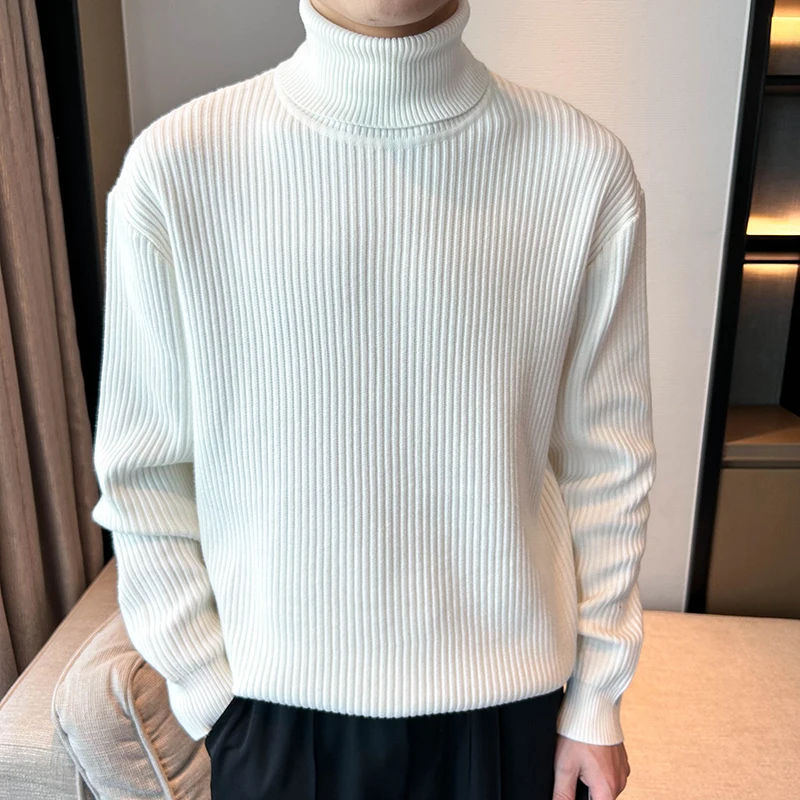 

Повседневный пуловер, мужской вязаный свитер с высоким воротником, осенне-зимний жаккардовый полосатый свитер, однотонная корейская уличная одежда, вязаная одежда JJ940