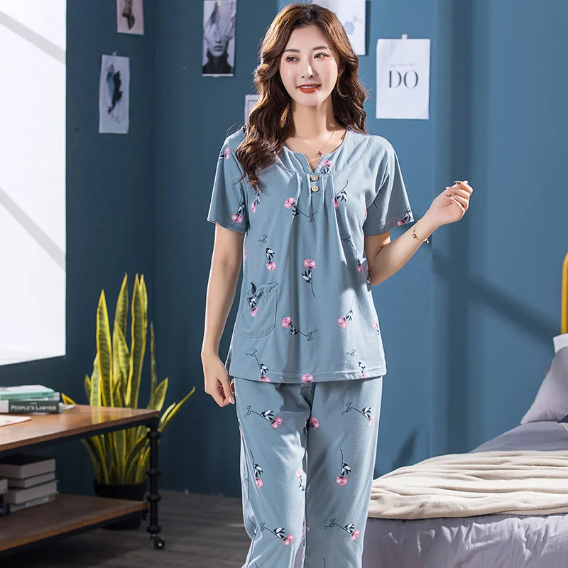 Big Yards XXXXL 2024 summer sleepwear women pajamas sets v-neck floral short sleeve pajama suit cotton women homewear suit soft