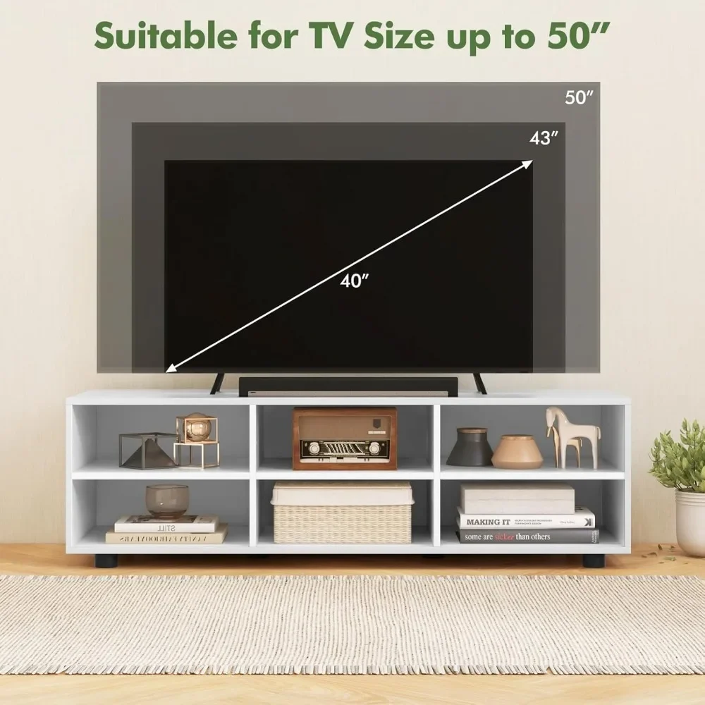 Suporte de TV de 6 cubículos para TVs de até 50 polegadas, mesa de console de TV branca com prateleiras ajustáveis