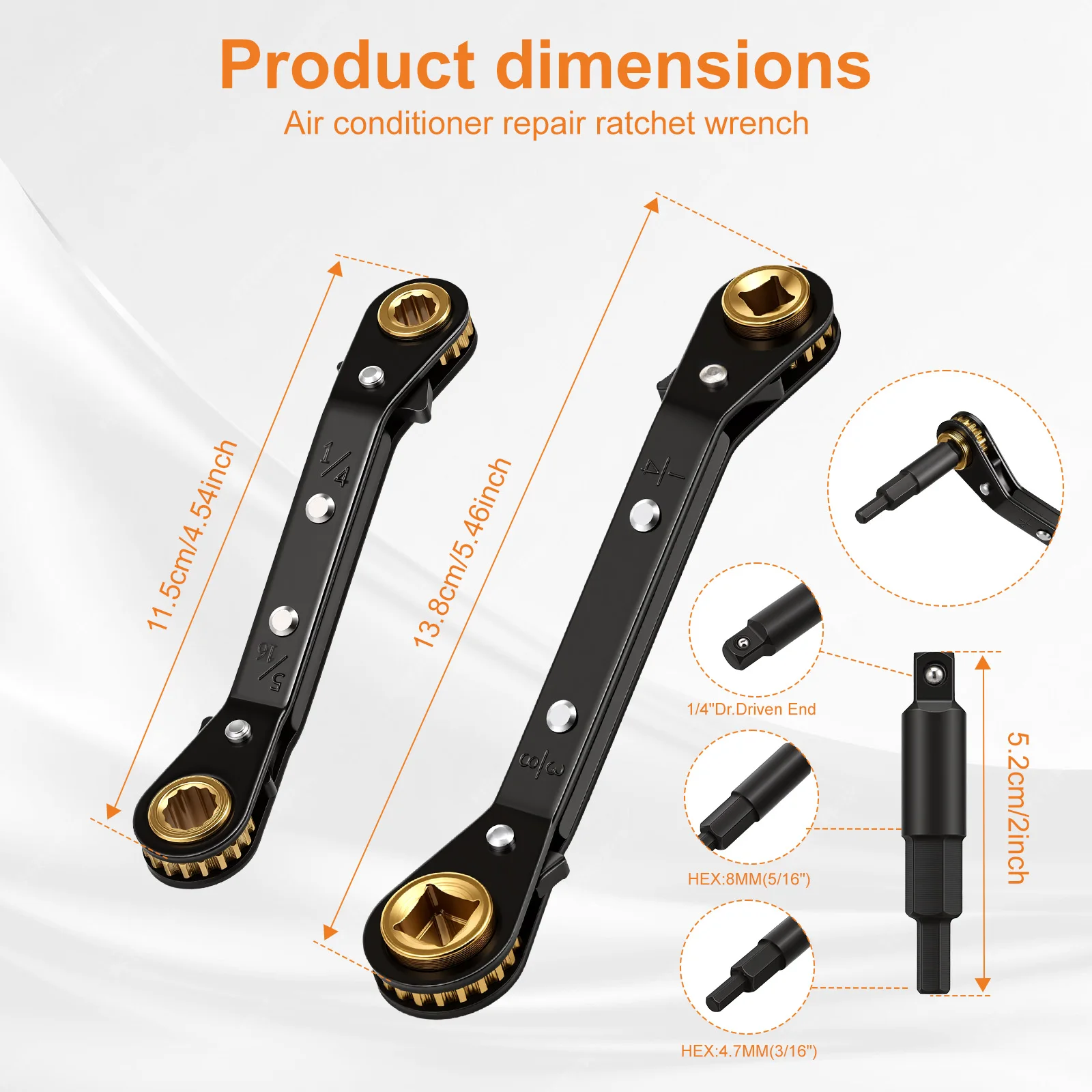 2 Pcs HVAC Service Ratchet Wrench Set High Carbon Steel S Profile Wrench Hex Key Adapters Refrigeration Wrench Mini Split Repair