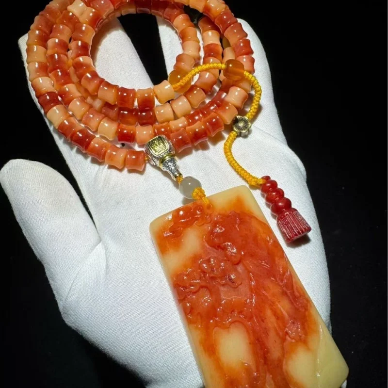 Natural camel red blood multi-loop bracelet with engraved fierce tiger climbing a mountain, the bone feels like jade, full