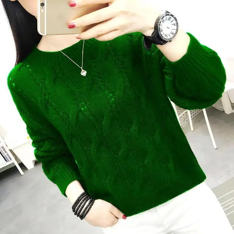 Fashion O-Neck Solid Color Screw Thread All-match Sweaters Women\'s Clothing 2022 Autumn New Casual Pullovers Loose Warm Tops