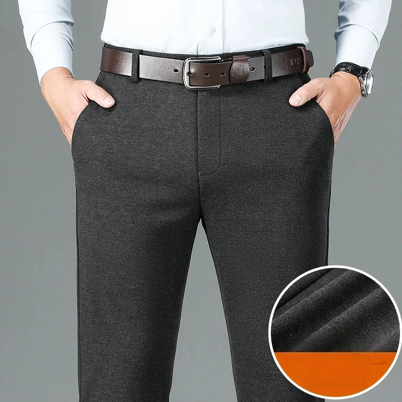 

Утолщенные зимние мужские брюки из 5% шерсти, прямые эластичные повседневные брюки черного цвета хаки, деловые брюки на плоской подошве, деловой костюм, брюки, размер 40 42